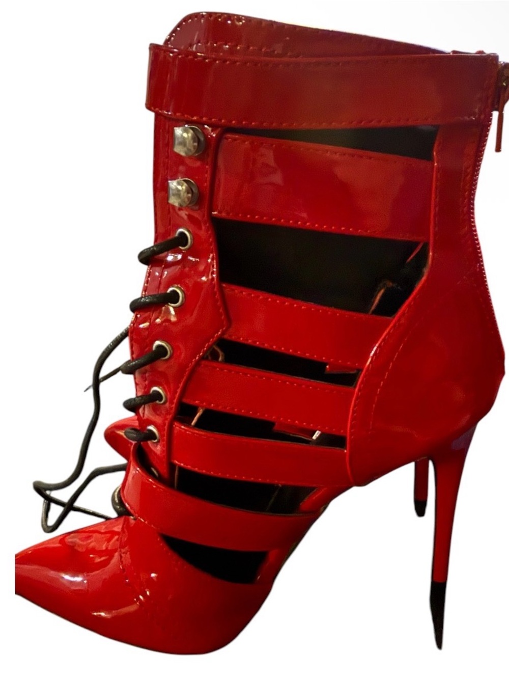 Red Patent Lace-Up Pointed-Toe Women's Boots - Picture 5 of 6